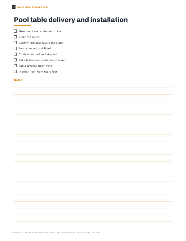 Preview of Printable Pool Table Delivery Checklist
